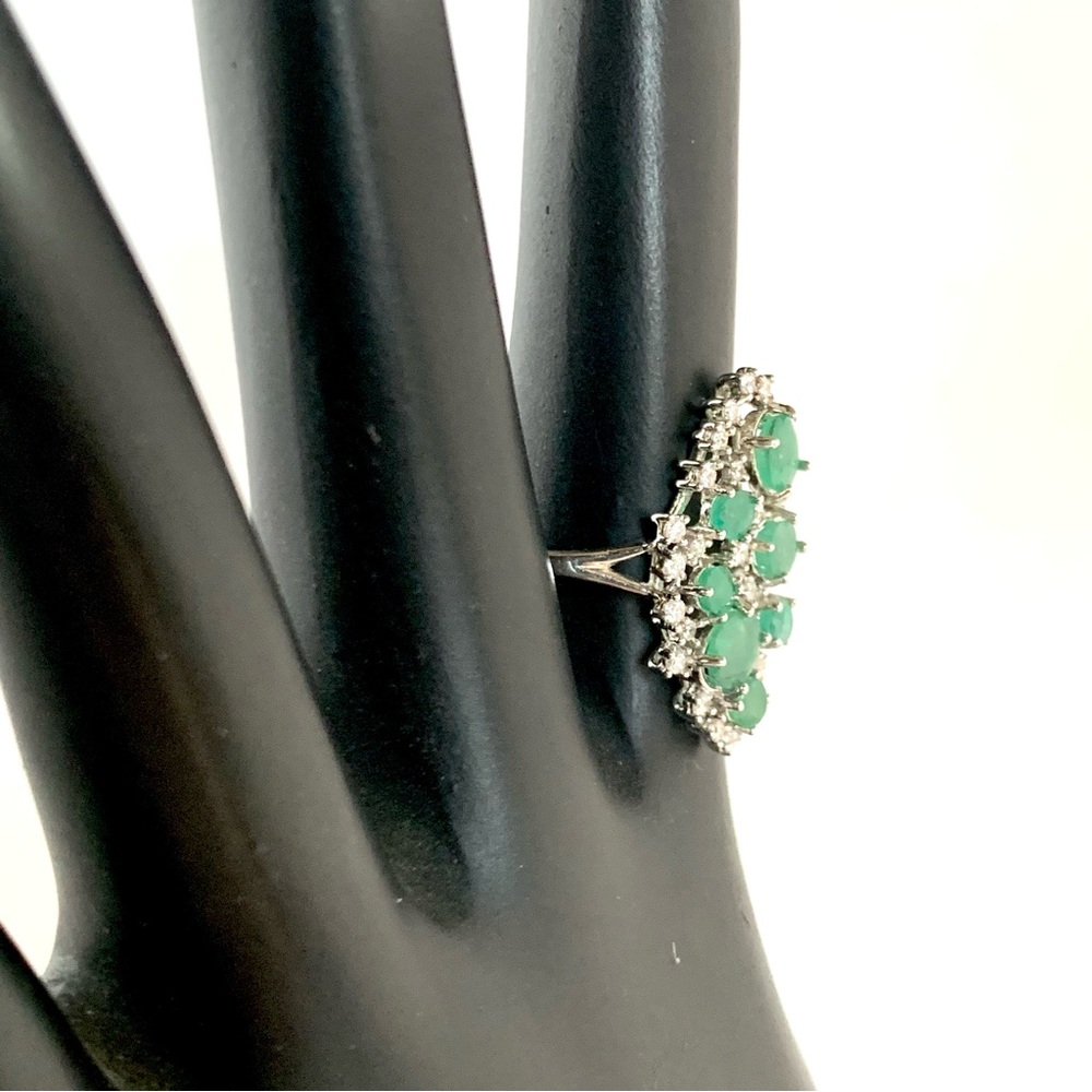 STERLING SILVER 925 GENUINE EMERALD AND CUBIC ZIRCONIA COCKTAIL RING (7) - Picture 7 of 16